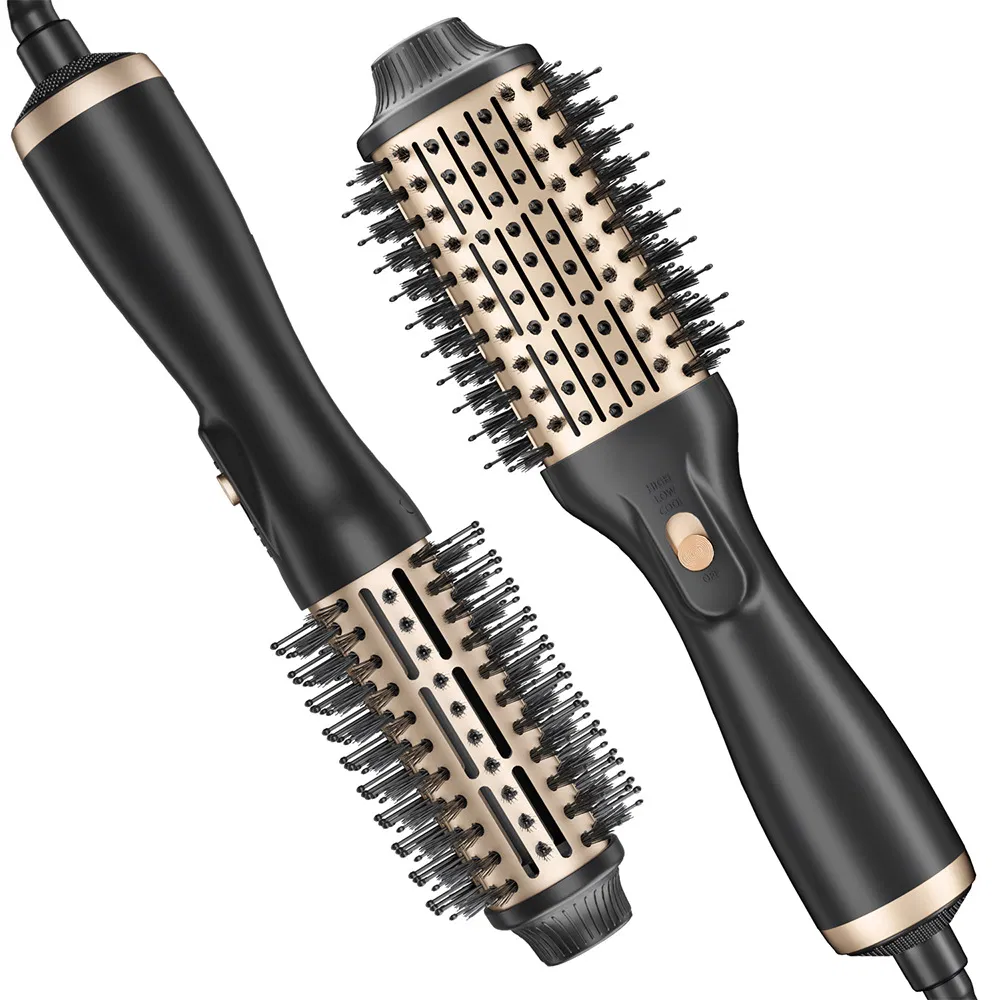 Beautichen Electric Hot Air Brush – Black Handle with Gold Rotating Barrel, Ionic Hair Dryer & Styler for Quick Drying, Curling & Volumizing