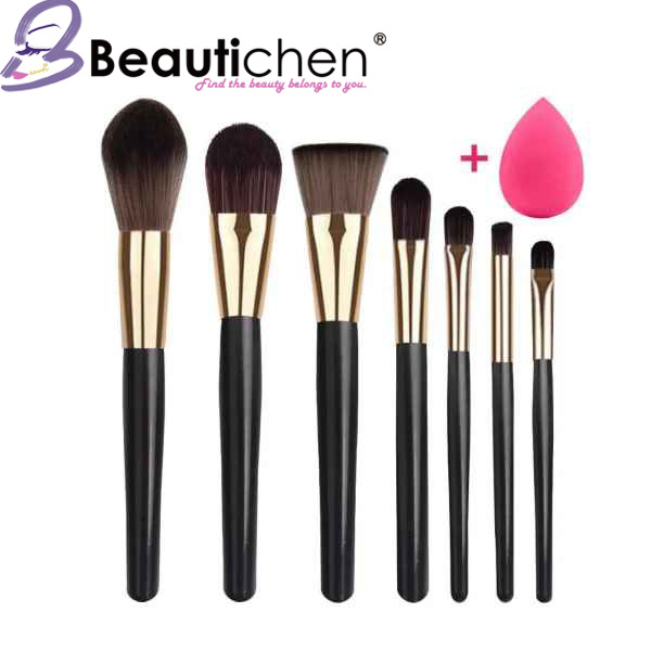Beautichen Free Samples 7 Pack Dark Black Synthetic Fur Wooden Handle OEM Makeup Brushes Thick Makeup Brush Set