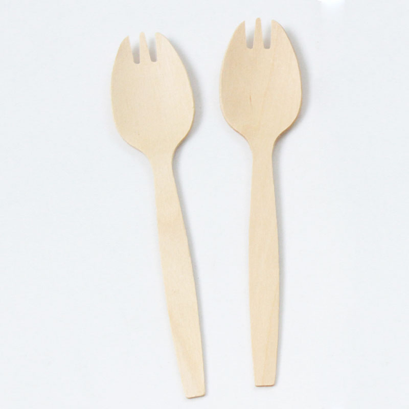 Compost Disposale Wooden Cutlery Birch Wood 146mm Spork in One Poly Bag