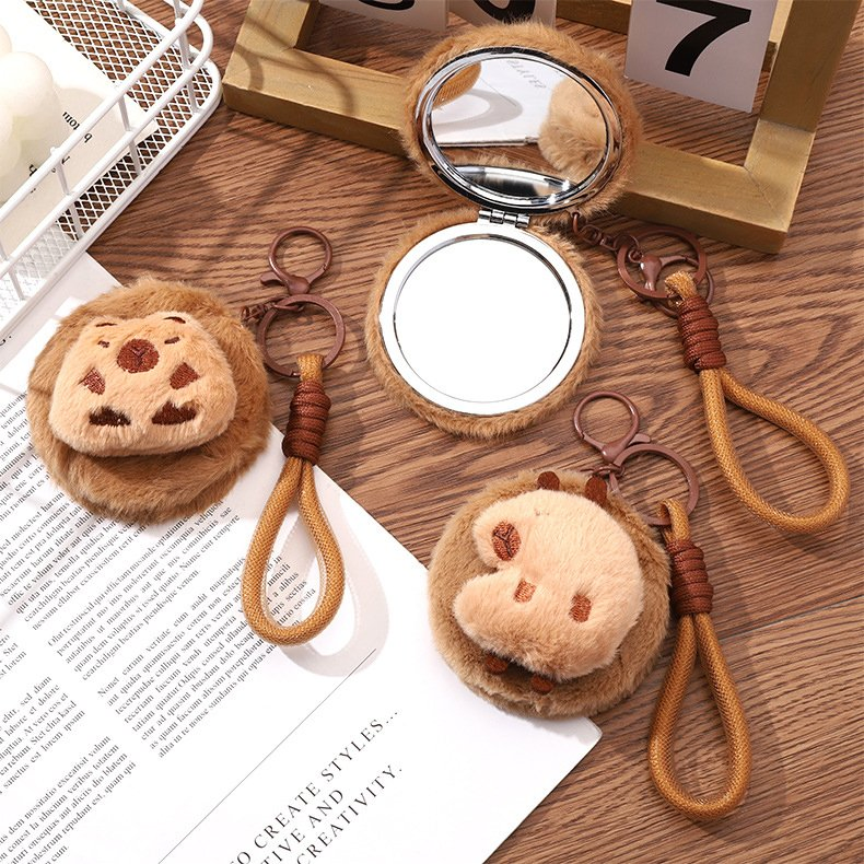 70mm Round Plush Makeup Mirror Keychain Double-Sided Pocket Mirror for Gifts