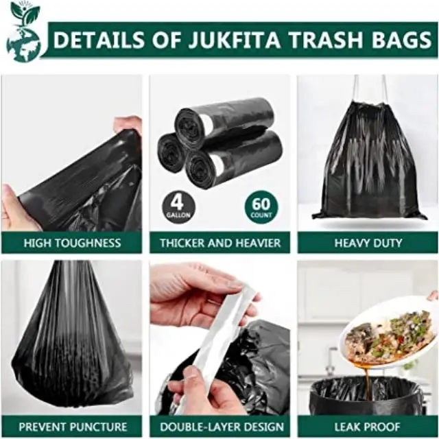 Eco Friendly Recycled Compostable PE Black Plastic Drawstring Trash Garbage Bag