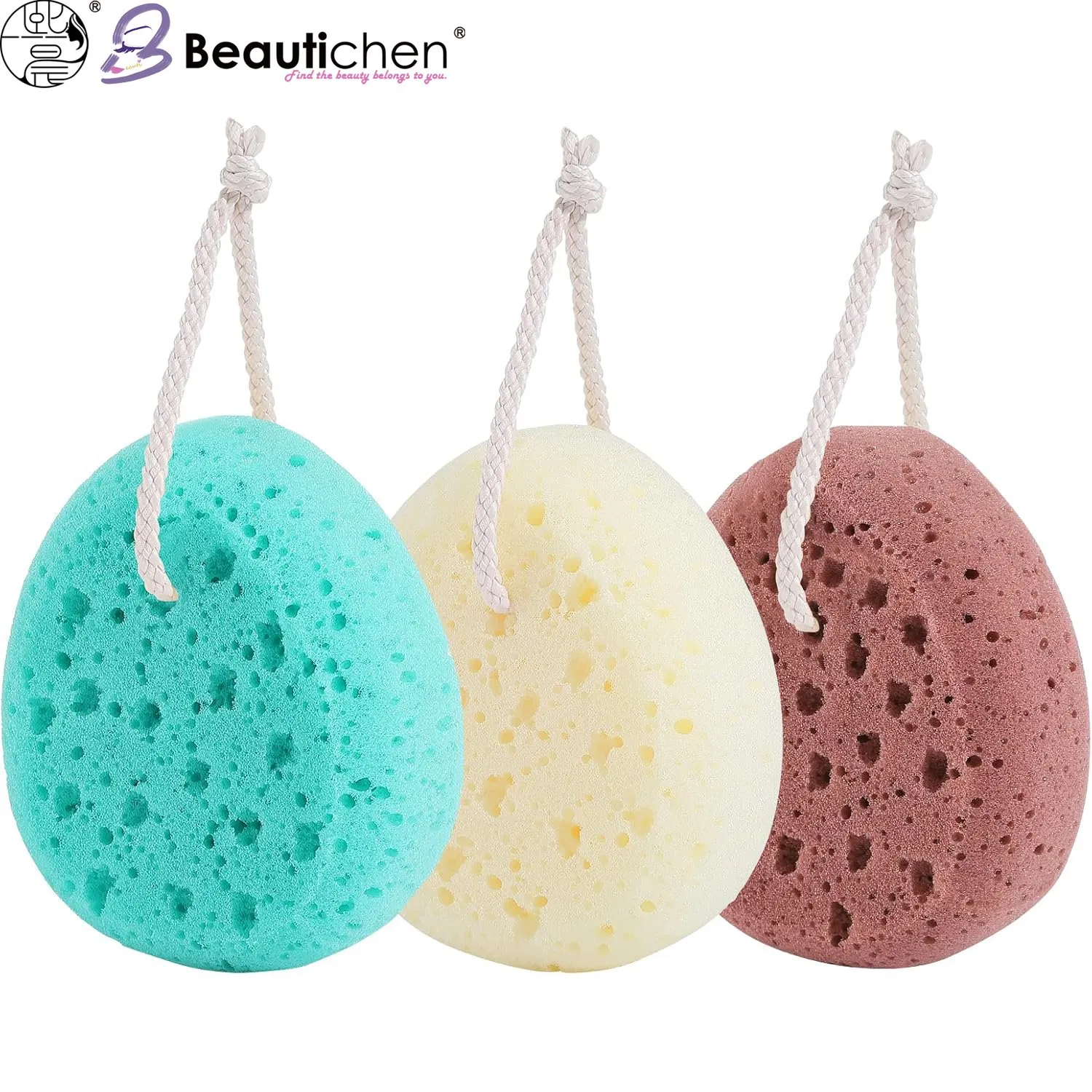 Beautichen Oval Bath Sponges with Hanging String – Soft Non-Latex Shower Puffs for Rich Foam, Gentle Body Scrubber for Adults & Kids