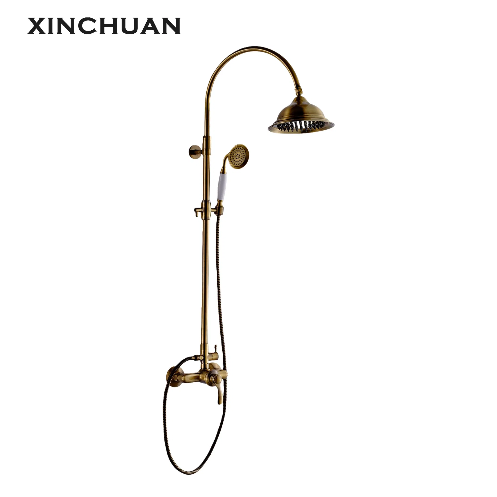 Luxury French Style Golden Brass Shower Set with Adjustable Rainfall Showerhead and Retro Spray Gun Sanitary Ware