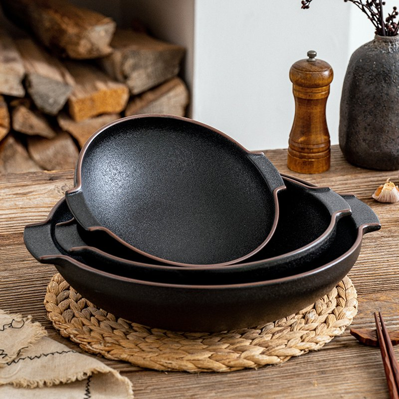Cast Iron Black Restaurant Noodle Soup Bowl Serving Large Ceramic Bowl