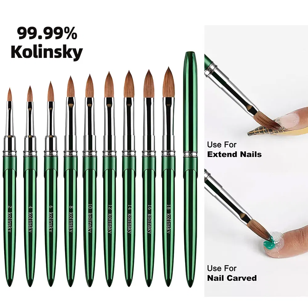Acrylic Green Metal Handle Kolinsky Hair Nail Care Manicure Tool Cleaner Professional Nails Art Brush