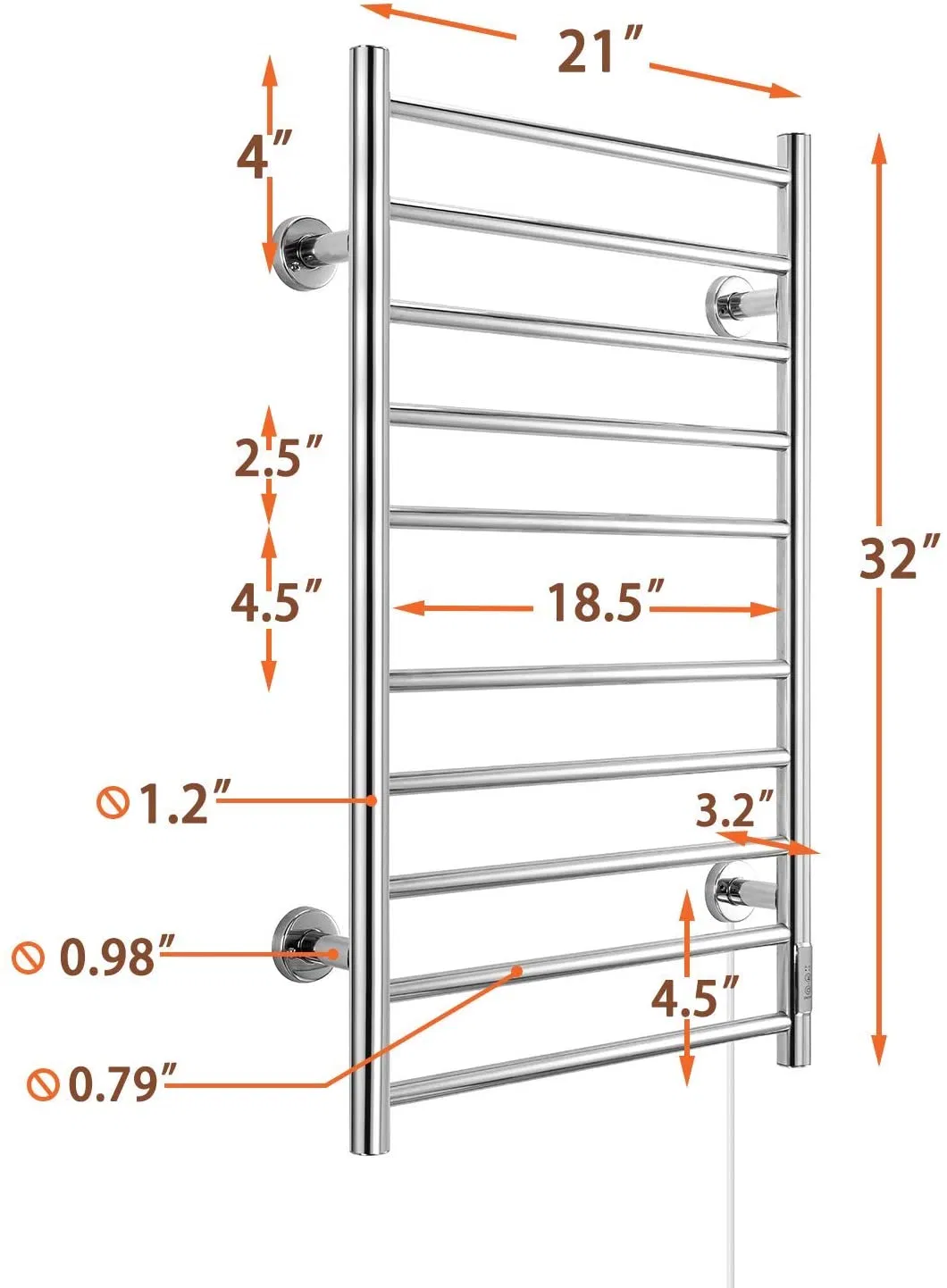 Heated Towel Warmer for Bathroom 304 Stainless Steel Hot Towel Rack Wall Mounted