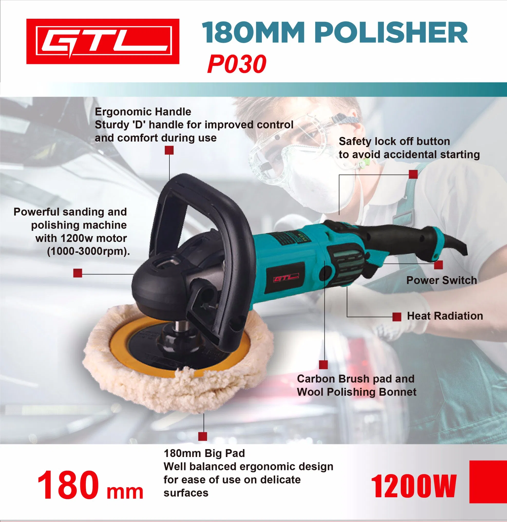 1200W 180mm Car Polisher Electric Hand Metal Polisher (P030)