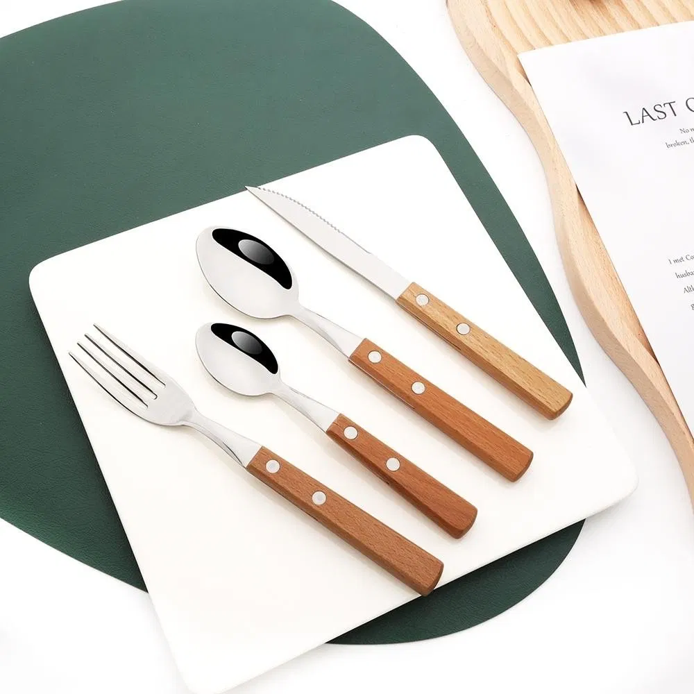 Dinner Knife Dinnerware Wood Handle Silver Steak Knives Cutlery Set 304 Stainless Steel Western Kitchen Silverware Set