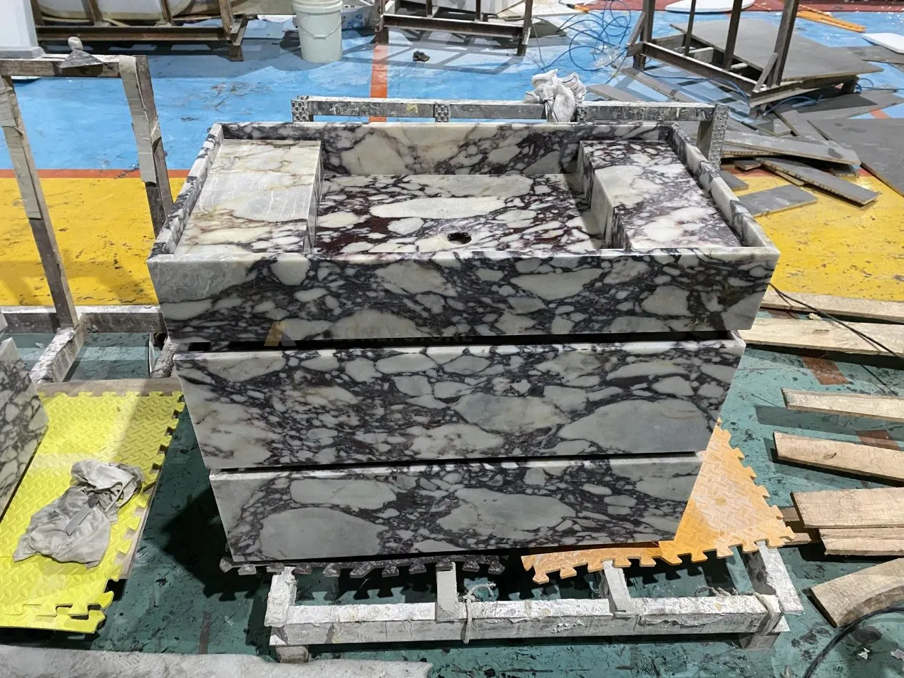 Bathroom Marble Sink Cabinets Calacatta Viola Luxury Marble Vanity with Wash Basin and Drawer