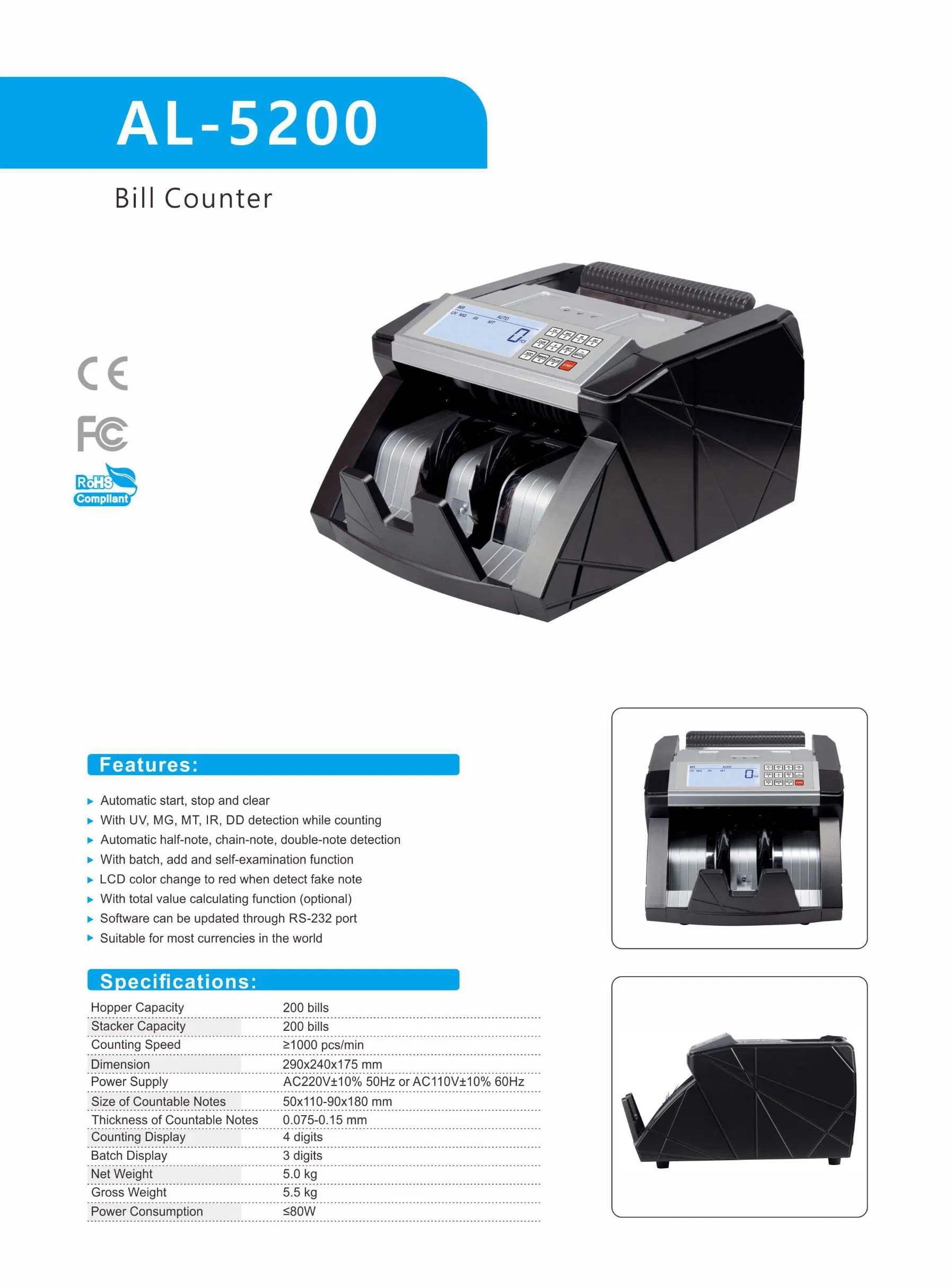 Al-5200 Automatic Basic Bank Detecting Bill Counter Multi-Currency Cash Money Counting