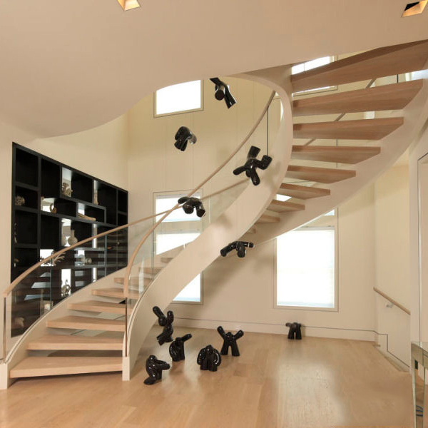 Wooden Staircase Glass Railing Wood Tread Curved Stairs for Villa