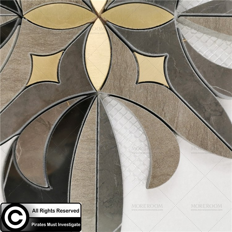 Waterjet Black Marble Mosaic Brass Inlay
