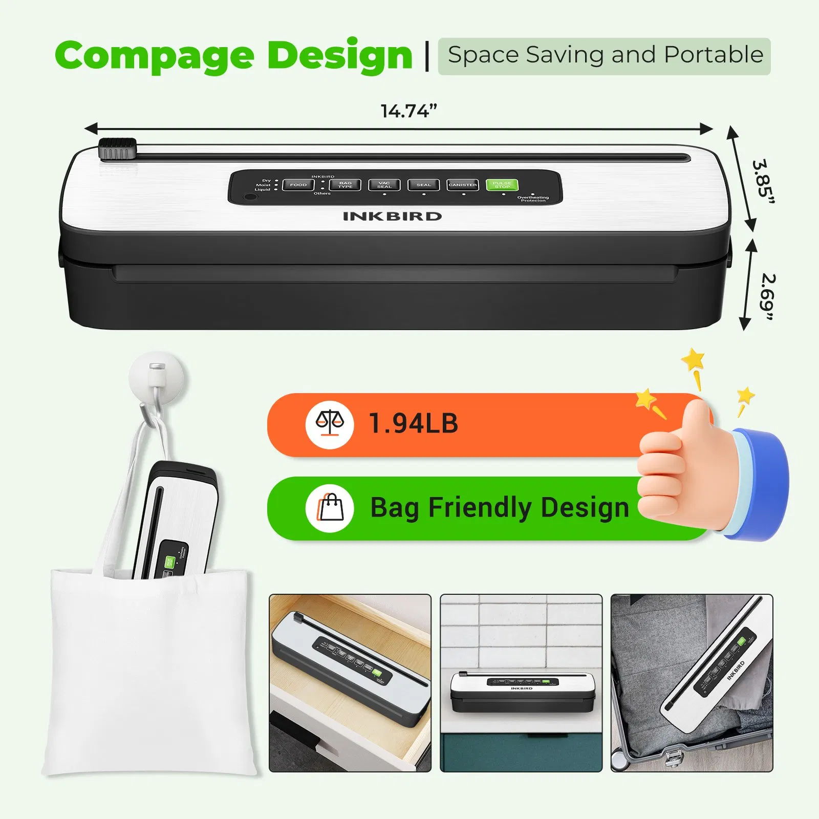Inkbird Ink-Vs05 Multi-Functional Compact Household Vacuum Sealer with Built-in Cutter