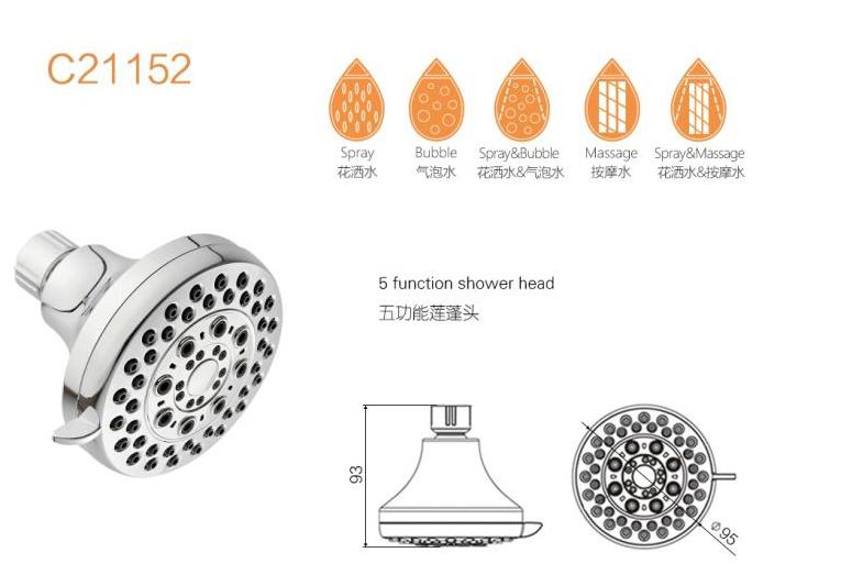 Bathroom Fittings Rainfall Shower Head 5 Functions Classic High-Pressure Wall Shower C21152, Chrome Face and Back Shell