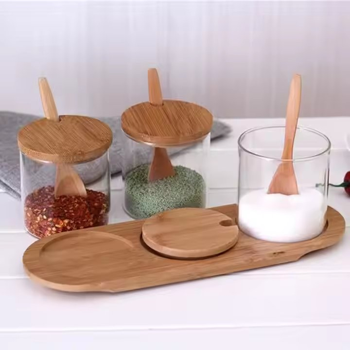 Household Kitchen Jar Transparent Spice Glass Storage Bottle with Bamboo Lid Spoon