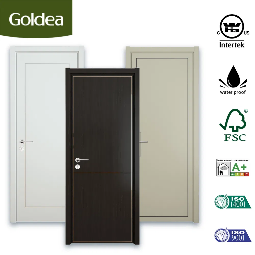 Goldea Wholesale 39 Years Factory Price Modern Style Room Home Furniture MDF PVC Timber Interior Wooden Door with Metal Strips Inlay Design