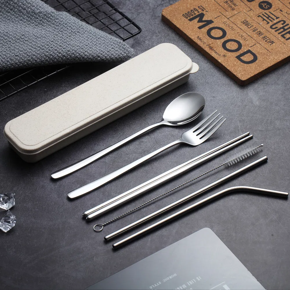 7PCS Camping Utensils Spoon Fork Chopsticks Straw Stainless Steel Travel Cutlery Set with Case