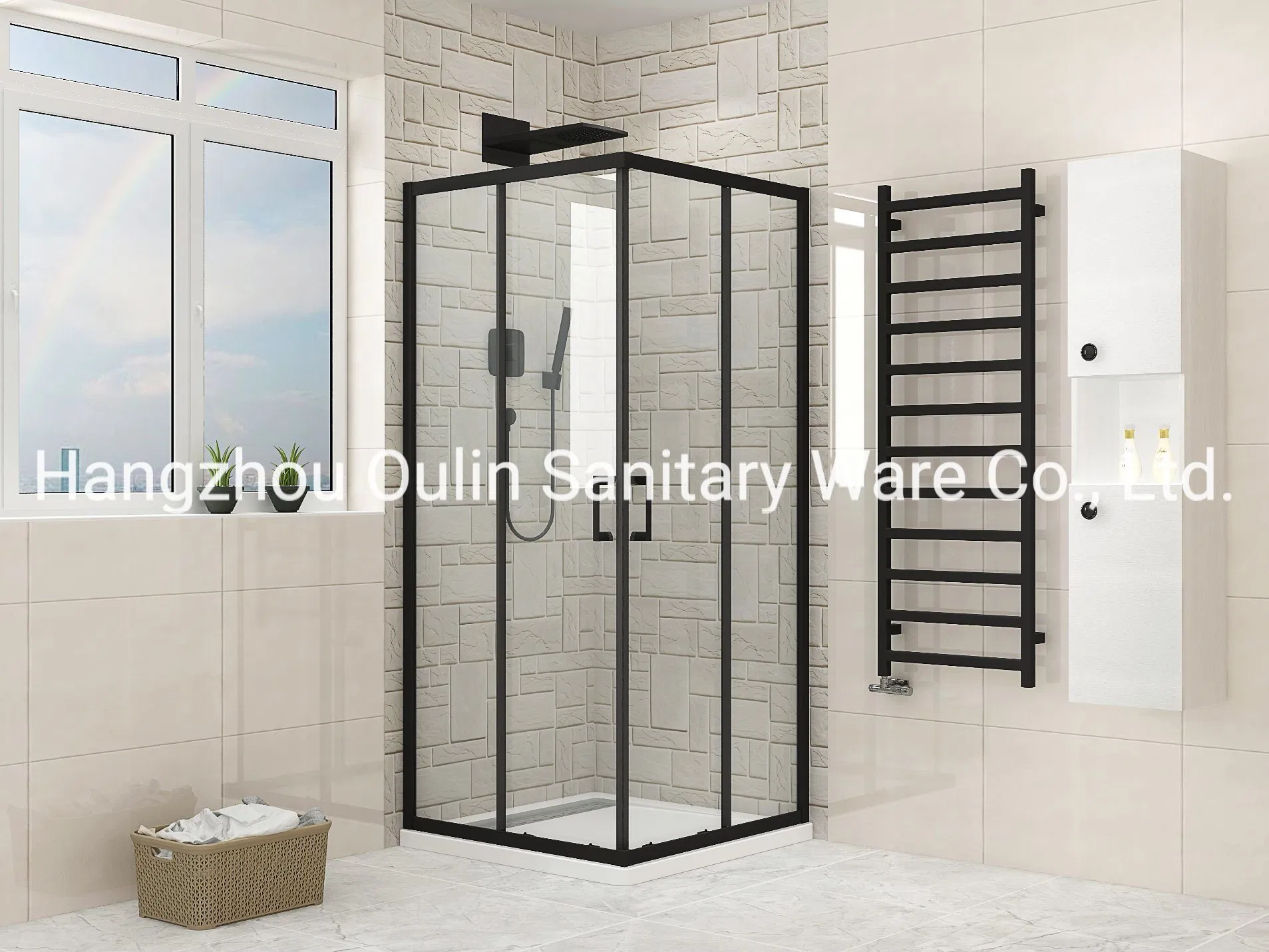 Matt Black Finished Square Partition with Two Sliding Doors + Two Fixed Doors