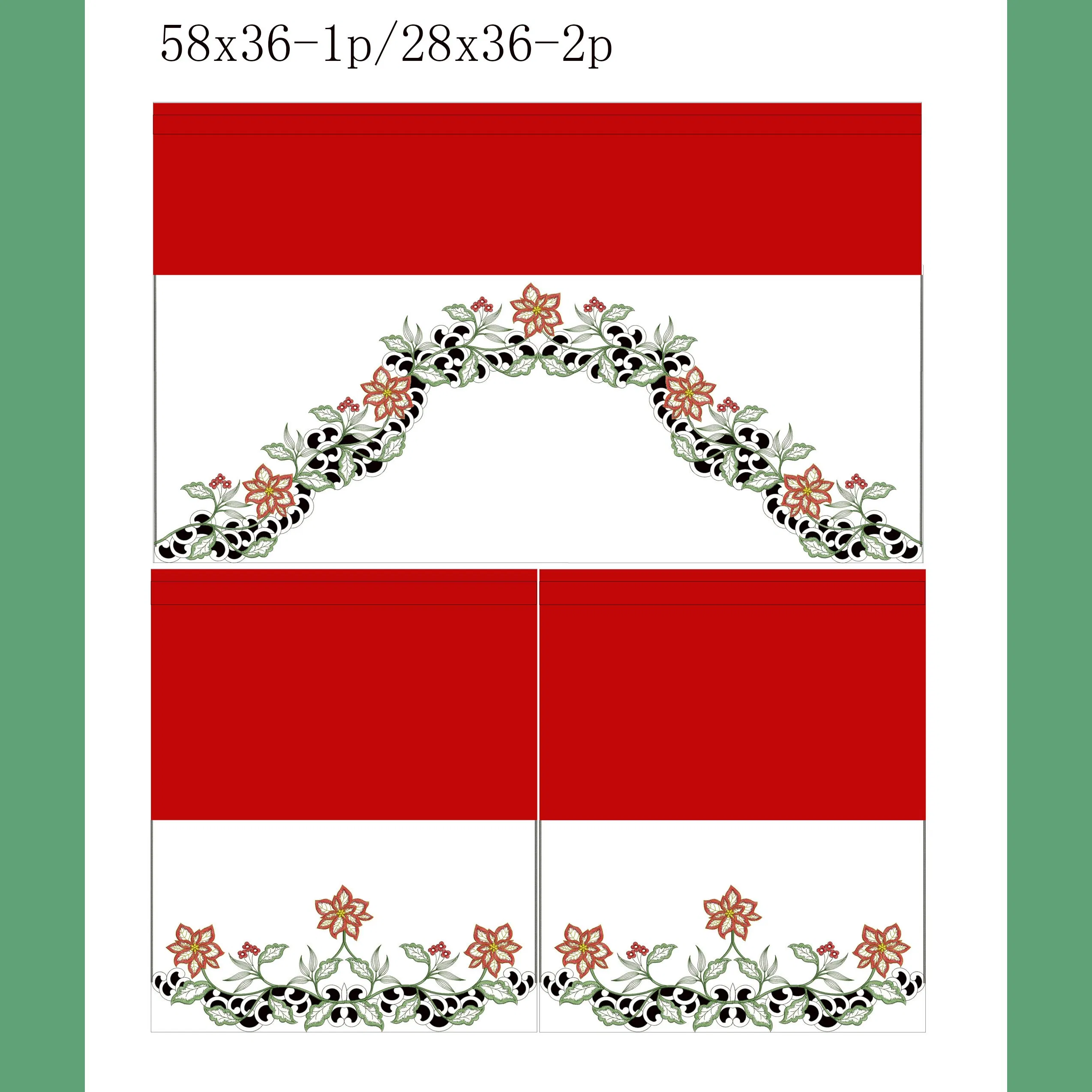 Christmas Flower and Holly Patchwork Embroidered Border Kitchen Curtain
