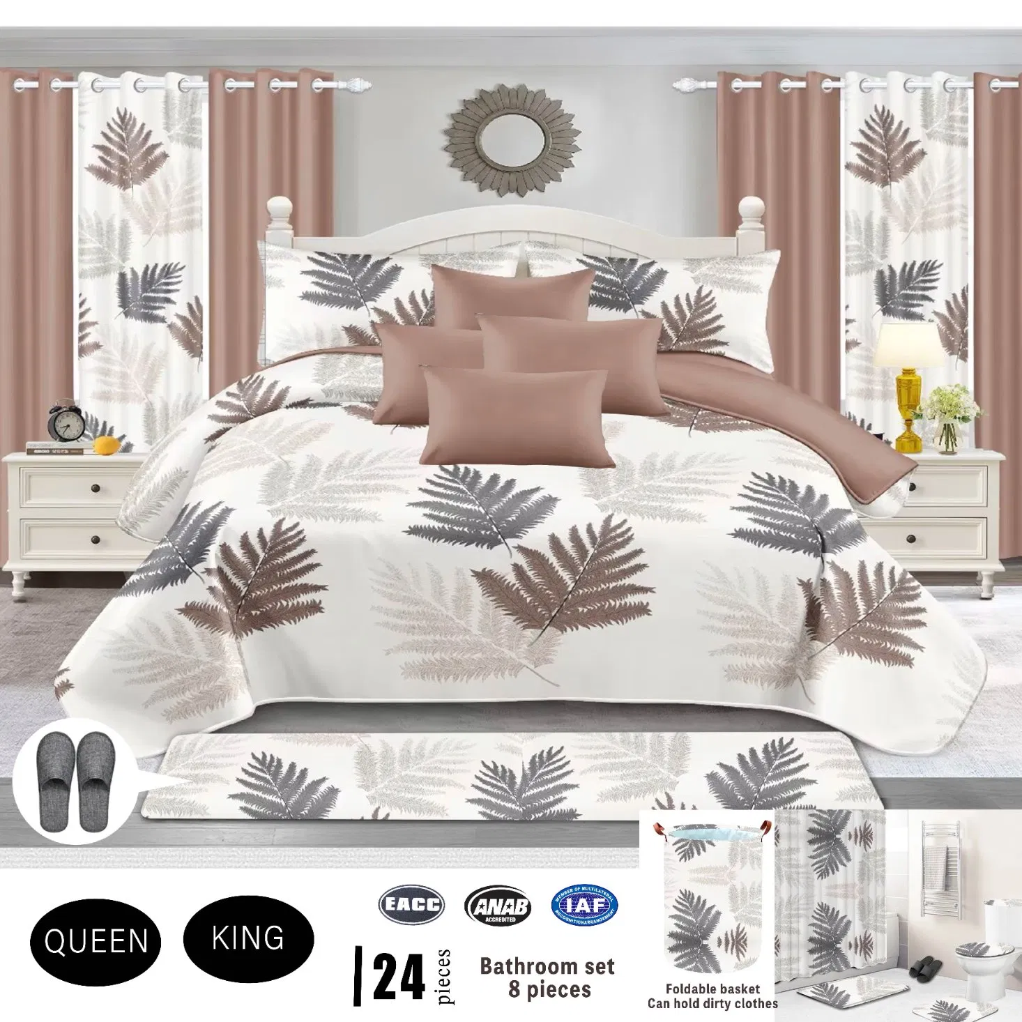 White 24PCS Home Textile 8-Piece Bathroom Bedding Set Queen King Size Bed Cover Premium Pillow Shams Bed Sheets Bedspread with Curtains