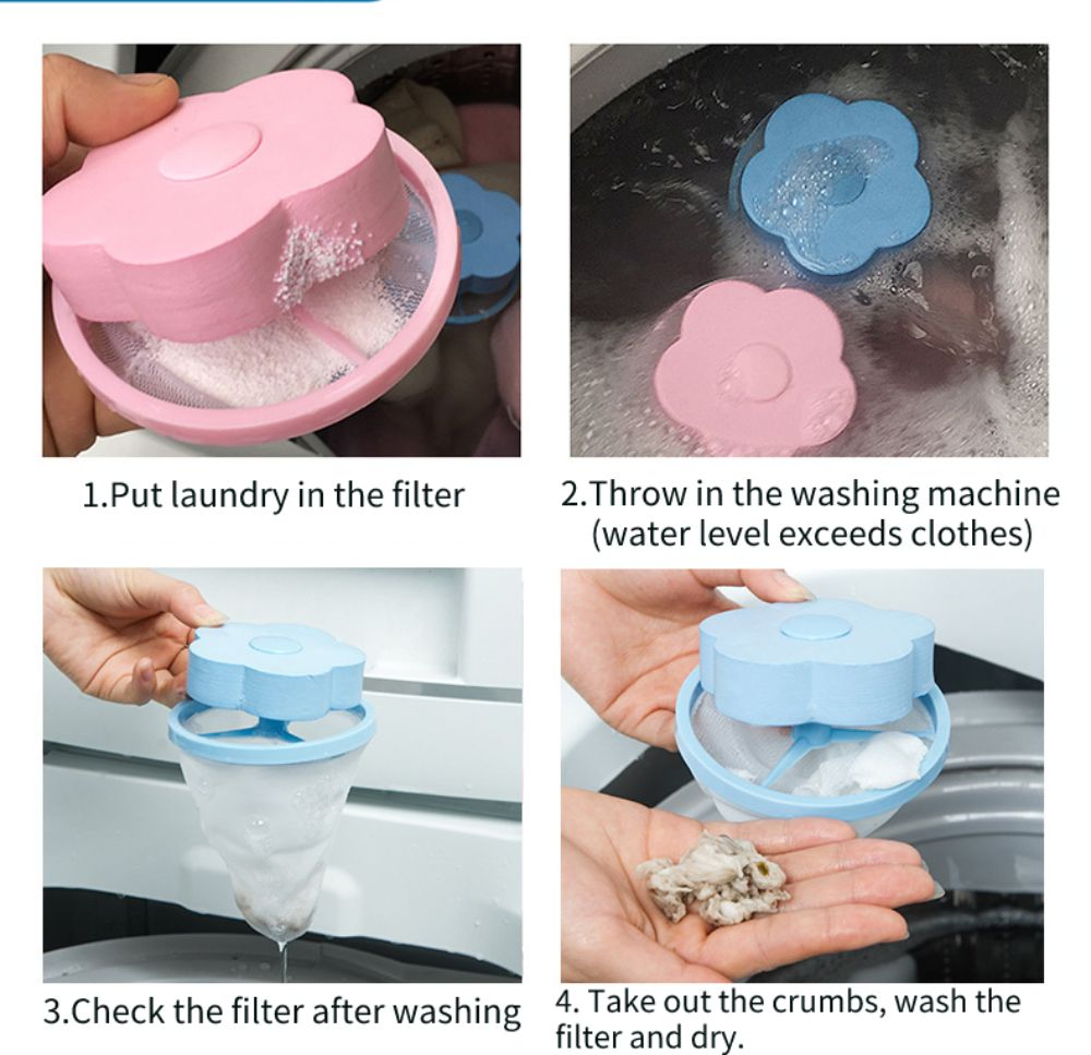 Blue and Pink Plum Shaped Laundry Filter Mesh Bag in Washing Machine