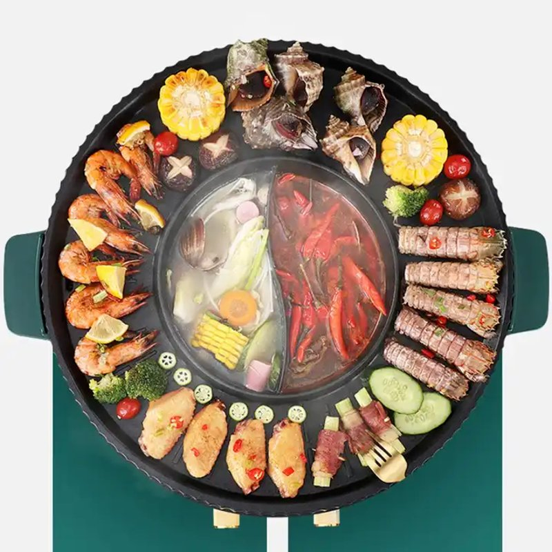 Wholesale Multifunctional Non-Stick Smokeless BBQ 2 in 1 Electric Hot Pot Grill Electric Skillet