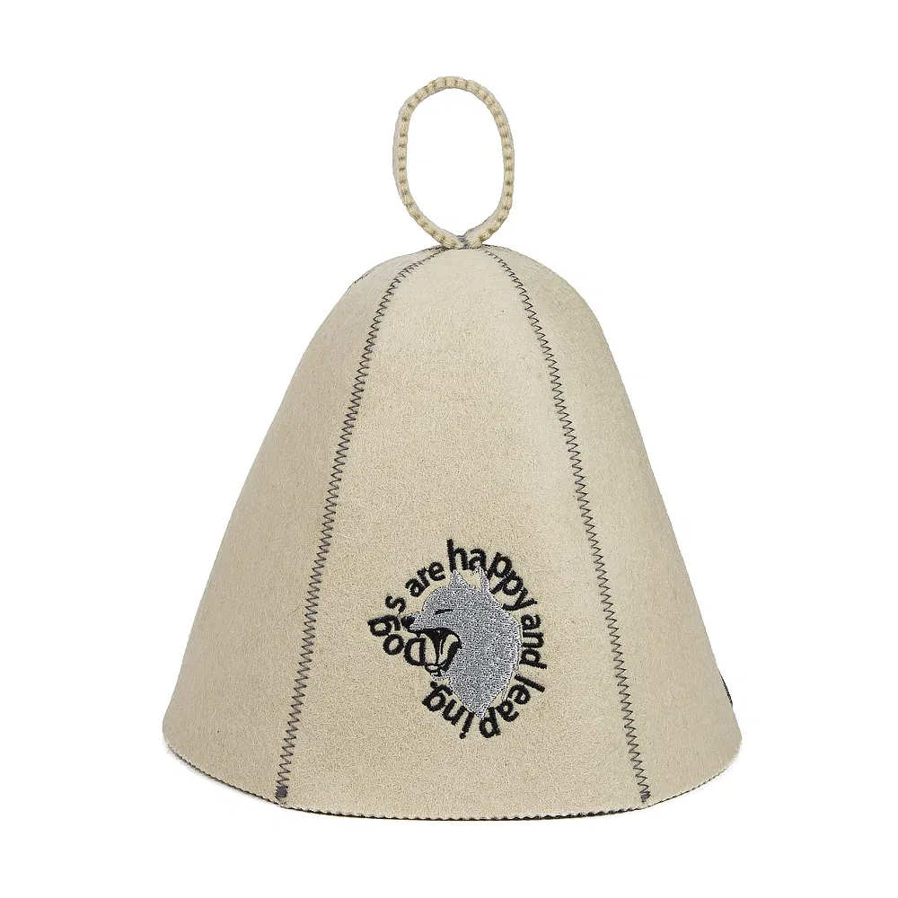 Beige Felt Sauna Hat with Dog Pattern & Text - Ideal for Comfortable Sauna Leisure & Relaxation