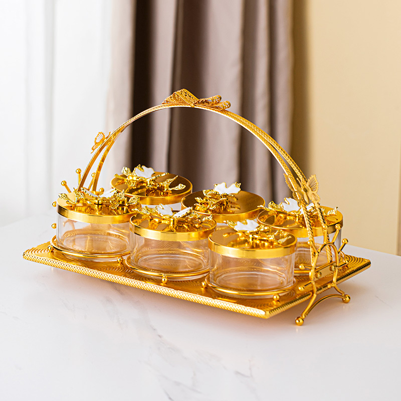 Glass Home Decor Bowl Set, Includes 6 Glass Bowls and a Gold-Plated Iron Stand Candy Bowl