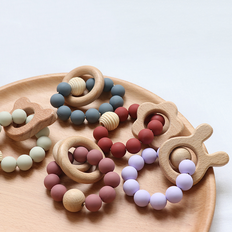 Amazon Food Grade Silicone Teether Bracelet Wooden Silicone Teething Ring for Baby
