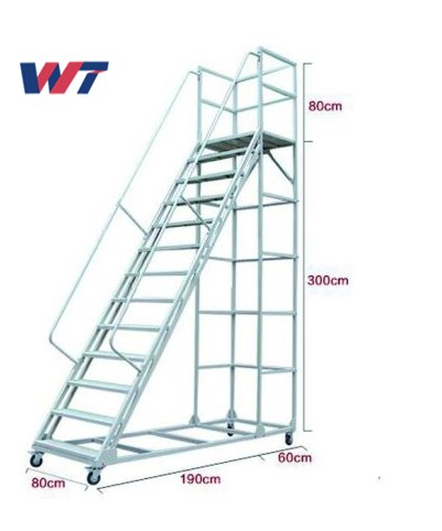 Galvanized Steel Step Warehouse Safety Rolling Ladder with Work Platform