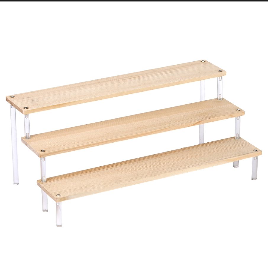 Elegant 3-Tier Acrylic and Wood Display Shelf for Organizing Makeup and Desserts