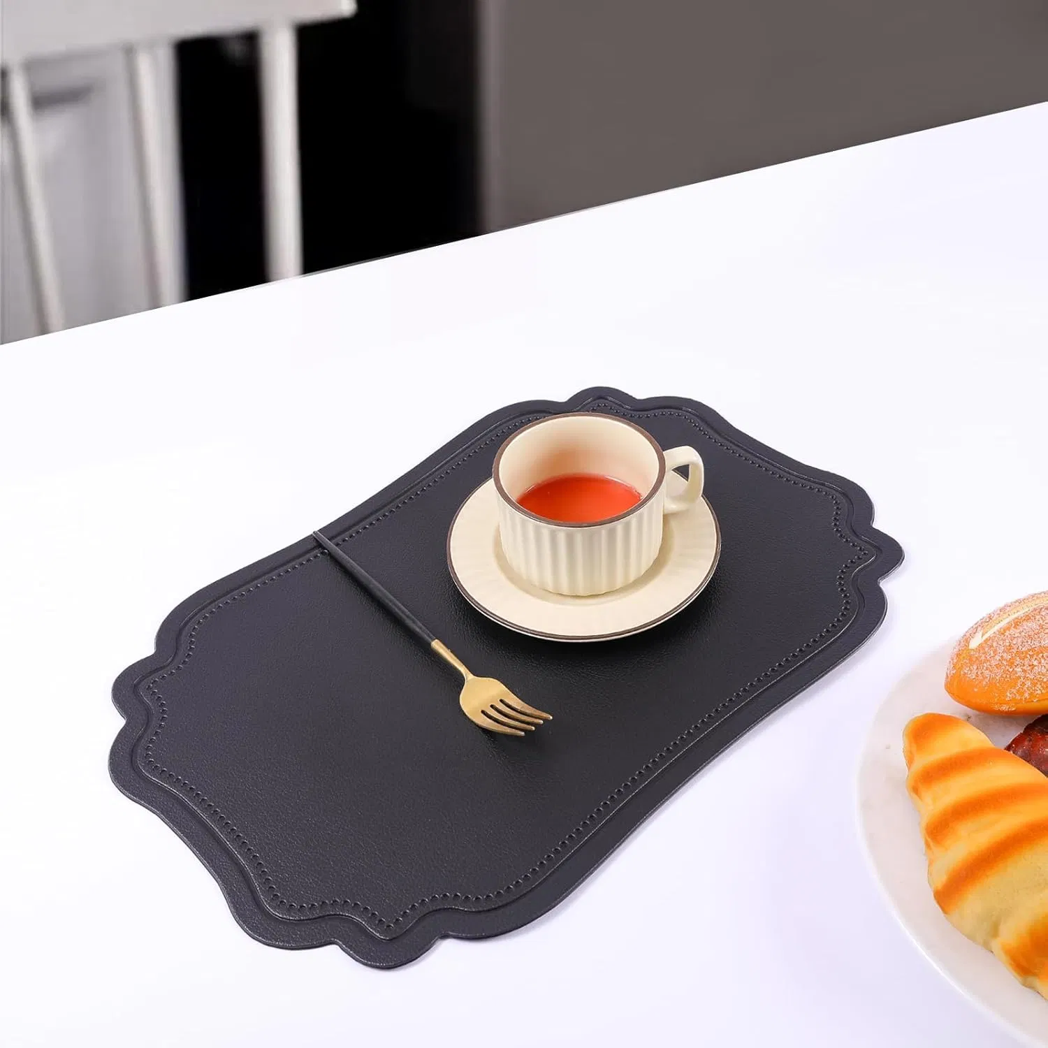 Xinyun Black Placemats Set of 6 Reversible Faux Leather Place Mat Wipeable Heat Resistant Non Slip Anti Oil Waterproof Eco-Friendly Table Mats Patio Placemats F