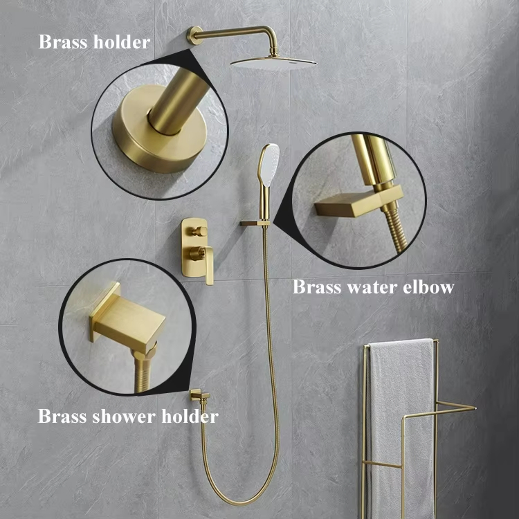 Скрытый душ в стену, латунь, золото