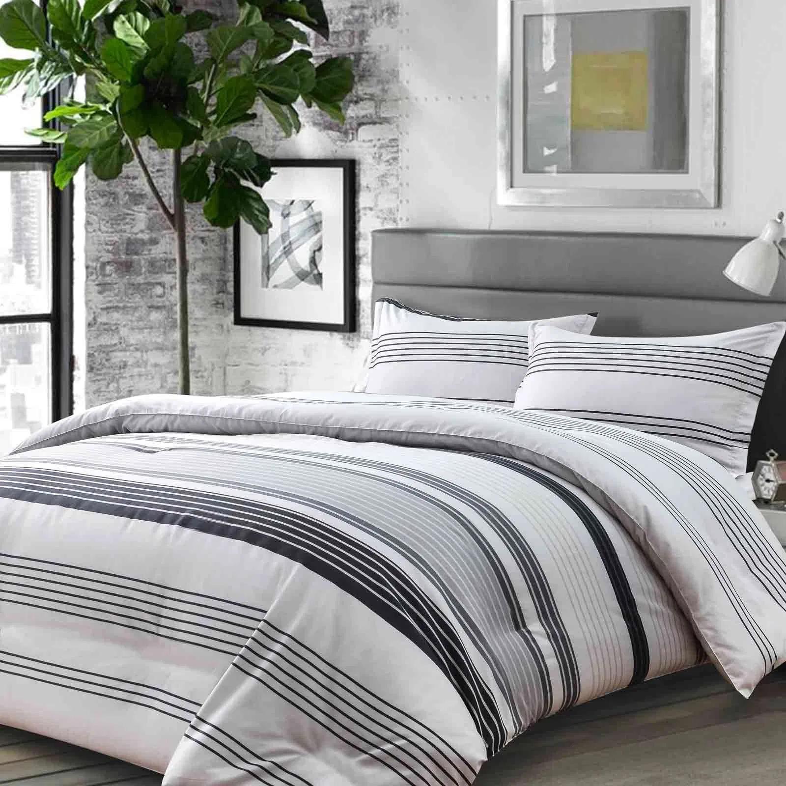 King Size Duvet Cover Set Grey Strips Thread Floral Quilt Cover Bedding