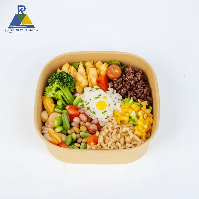 Eco-Friendly Printed Disposable Kraft Paper Bowl Biodegradable Food Packaging Square Bowl