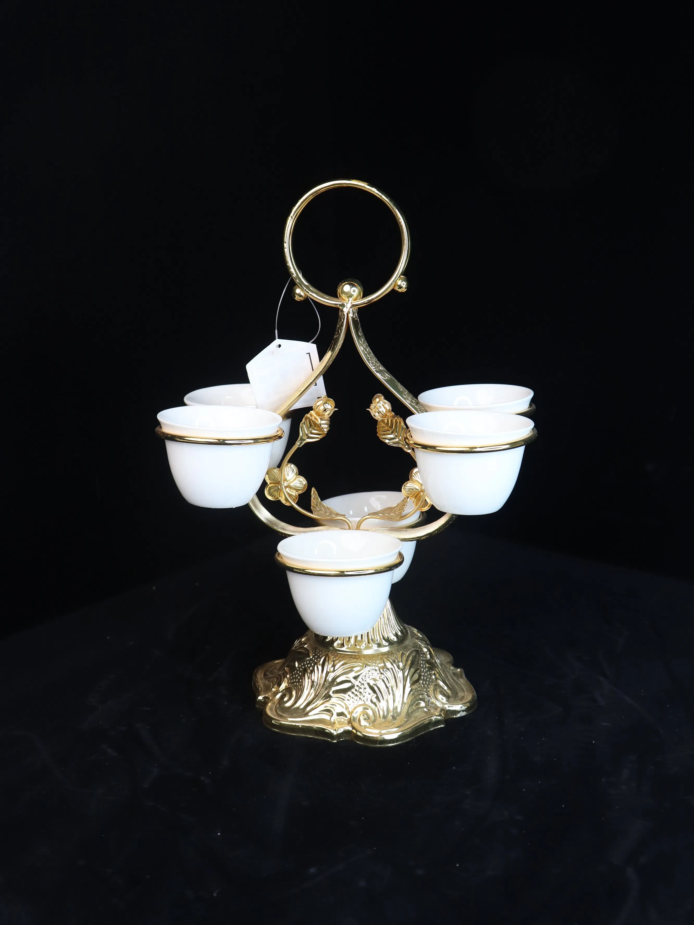 Decorative Gold-Plated Iron Frame with 6 Ceramic Tea Cup Ornaments Set