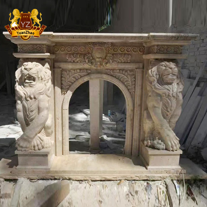 Modern Home Decoration Freestanding Natural Beige Marble Lion Carving Fireplace Mantel