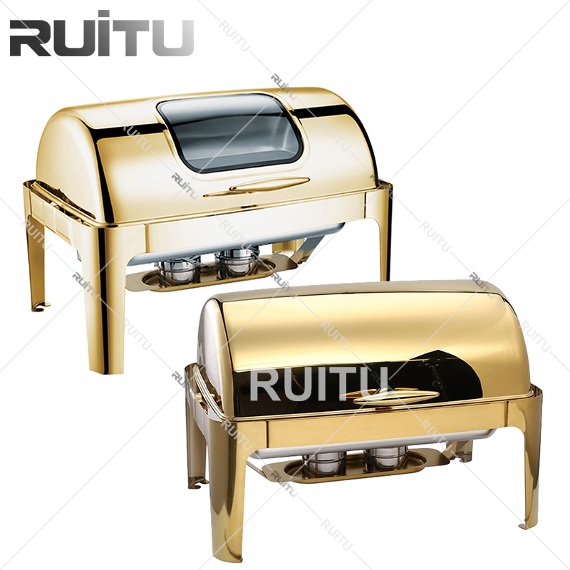 Good Quality Round Roll Top Silver Gold Leg Stainless Steel Food Display Warmer Buffet Chafer Chafing Dish Alcohol Heater Burner Buffy Food Warm Buffet Stove