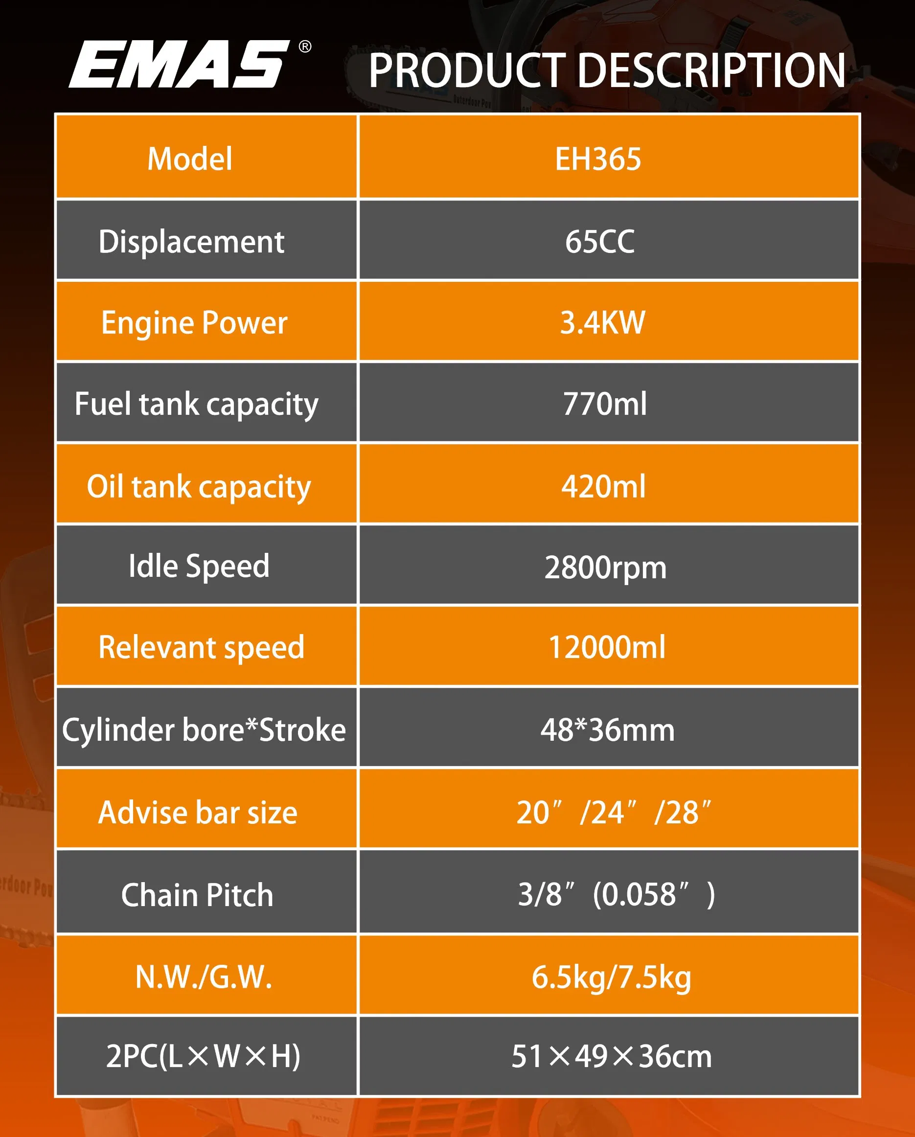 Emas Hot Sale Professional 65cc/72cc Petrol Chain Saw for Motosierra (365/372)