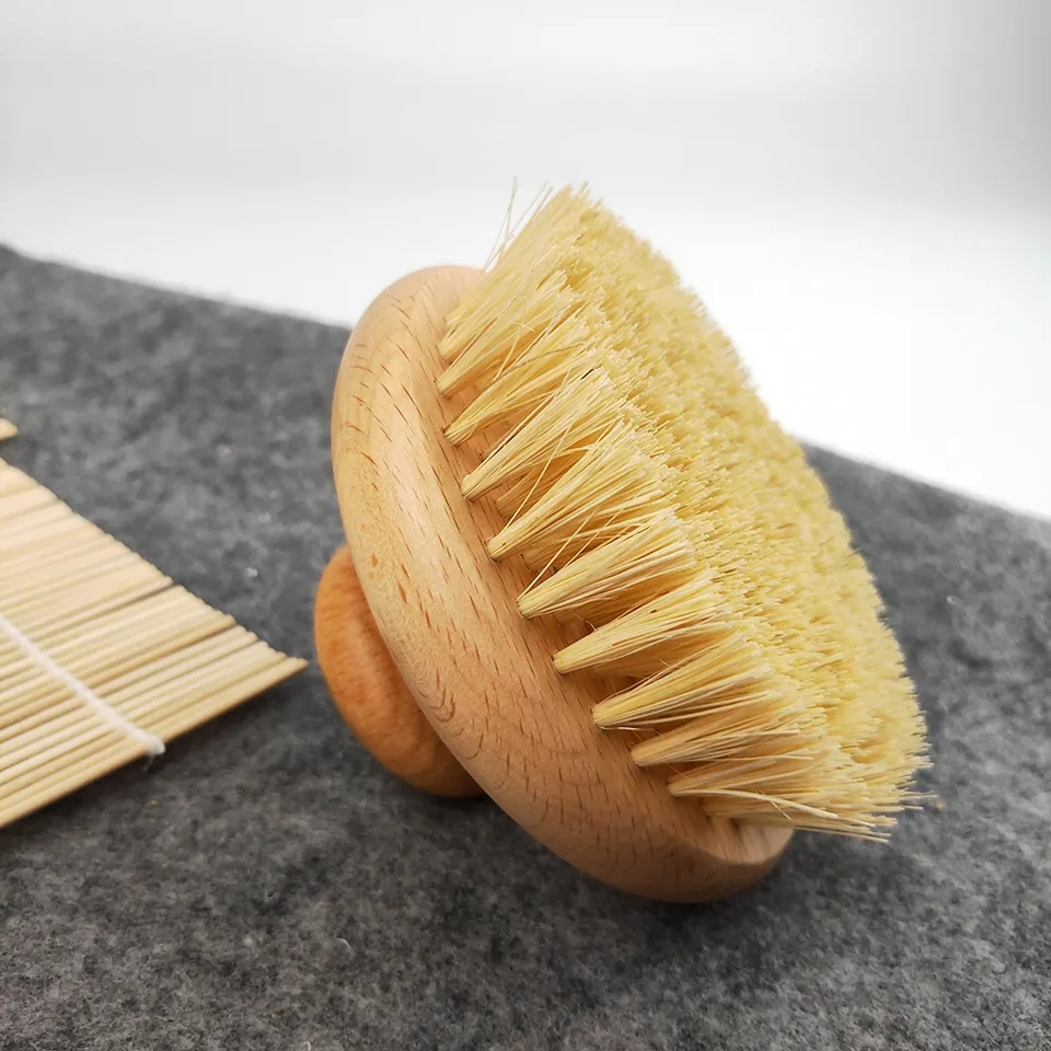 Wholesale Custom Round Cover Shaped Short Handle Body Back Bath Scubber Brosse a Sec Wooden Scrub Sisal Dry Brush