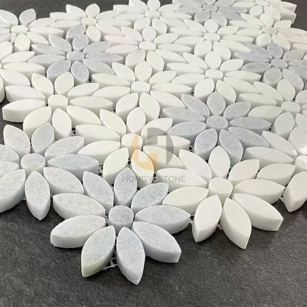 Modern Green-Pink-White Marble Mosaic Flower Daisy Pattern