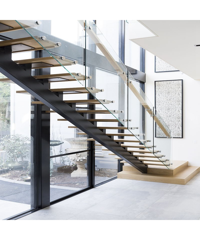 Chiba Made Modern Home Use Tempered Glass Railing Wood Straight Staircase