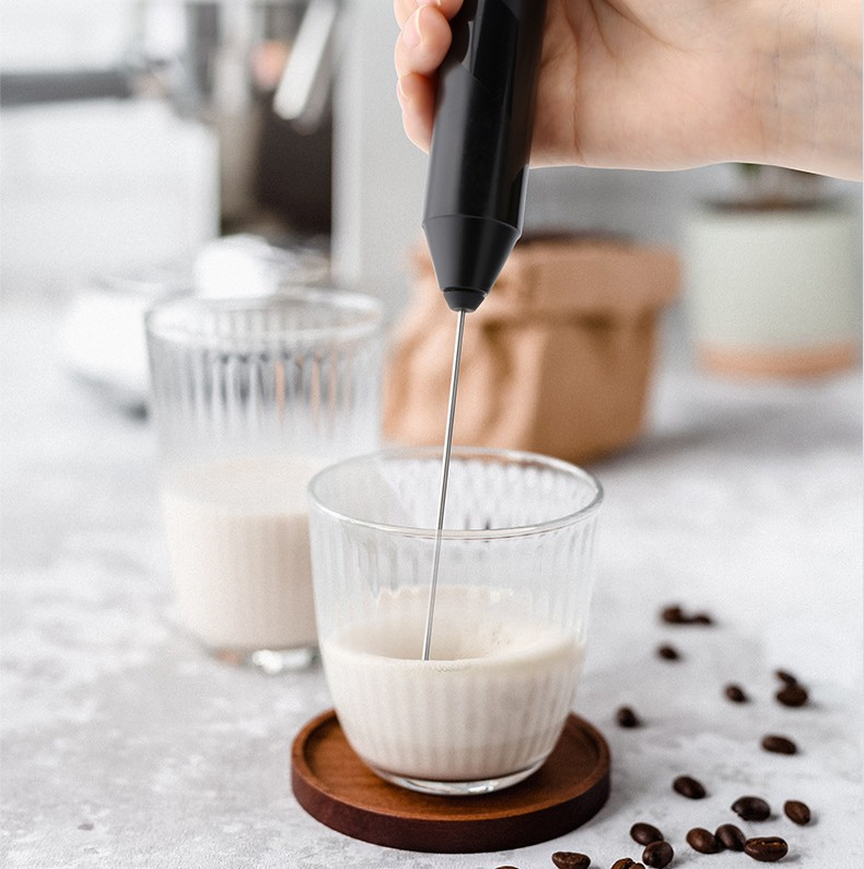 Powerful Milk Frother Wand - Mini Handheld Milk Frother with Stainless Steel Whisk-Battery-Powered Drink Mixer for Coffee, Lattes, Cappuccinos, Matcha--Black+BS
