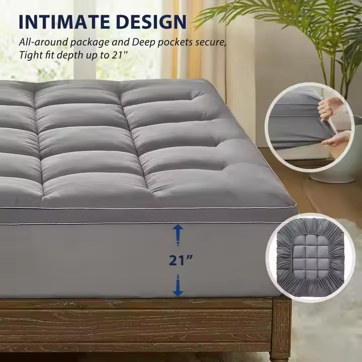 OEM ODM Breathable Microfiber Box Quilted 2" Gusset Self-Fabric Piping Ultra-Soft 500GSM Polyester Filled Mattress Topper Soothes Back Pain, Machine Washable,