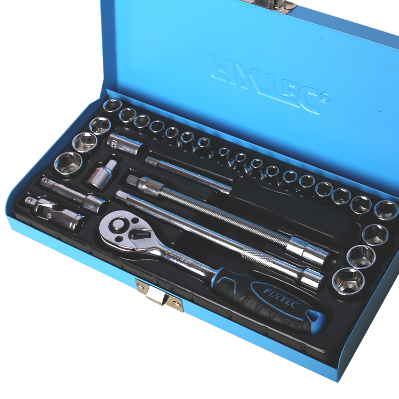 Fixtec 31PC 1/4" Socket Set (S&M) with Ranchet H Handle and Extension Bar