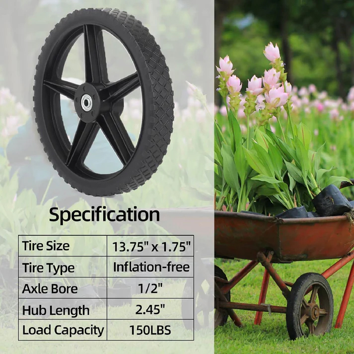 14 X 1.75'' Plastic Wheel and Tire for Lawnmower Trolley Dolly Wheel Replacement