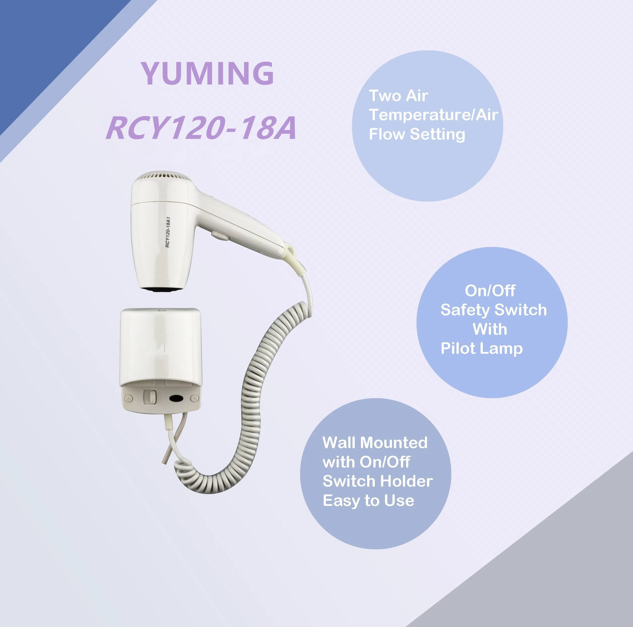 High Quality ABS Materials Wall-Mounted Hotel Hair Dryer 1200W