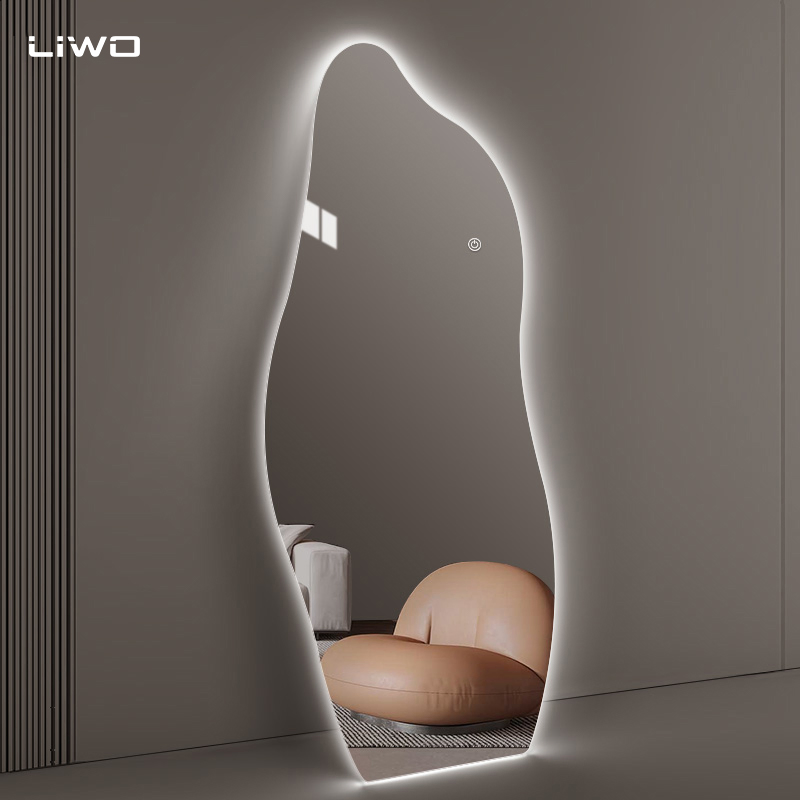 Full-Length Wall-Mounted Irregular Adjustable Light Color Smart Touch Frameless Silver Dressing LED Mirror Modern Home Furniture Decoration