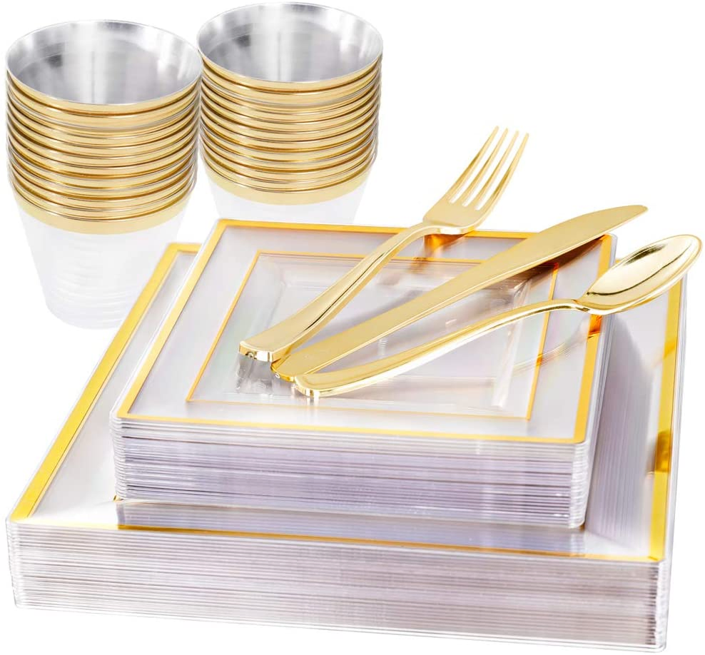 Rose Gold Rim Square Dinnerware Set Dinner Plastic Plates Dessert Plates Plastic Cups Linen Like Paper Napkins