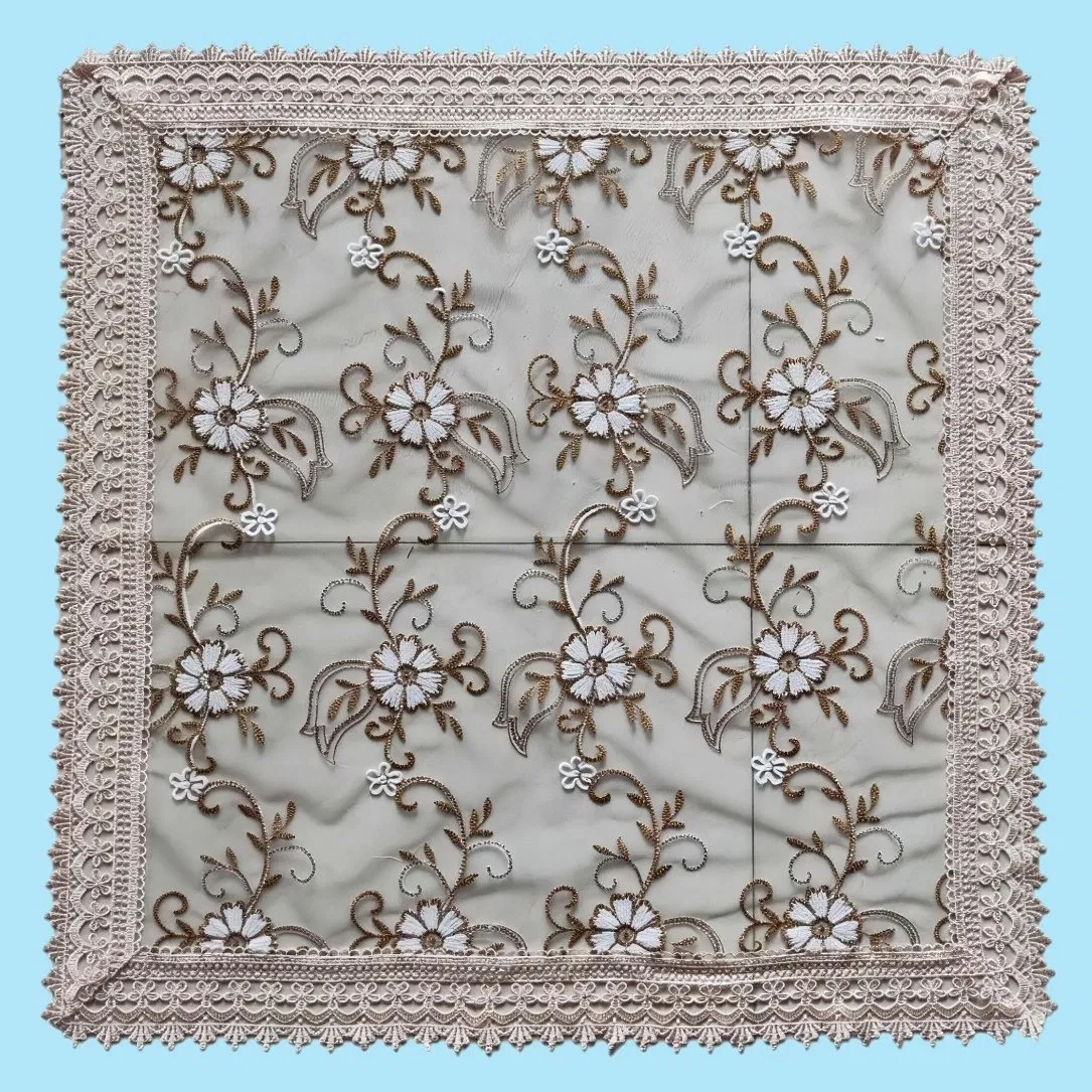 Embroidered Organza Fabric and Beige Color Lace Border Tablecloth